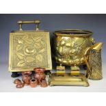 A brass jardinière, decorated with fruit, 30cm H, a Victorian brass desk stand with two ink wells,
