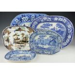 A large pair of Rogers blue and white transfer printed meat plates,