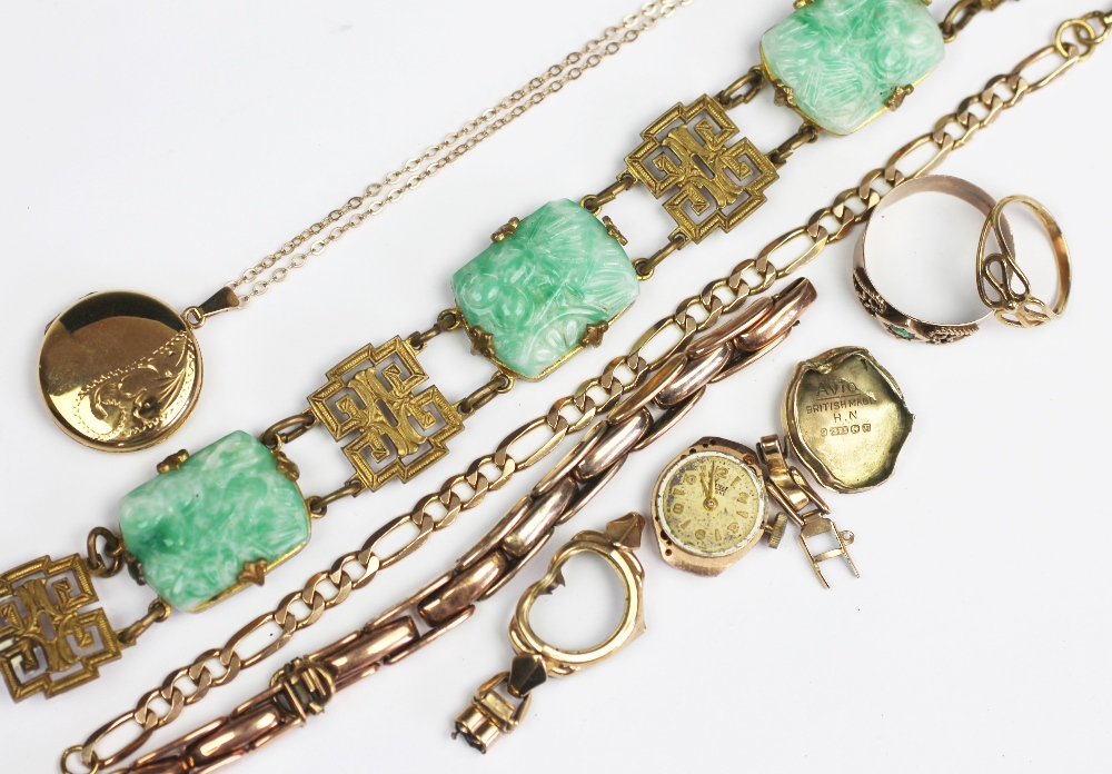 A collection of jewellery and watches, to include; a gold bracelet, two rings and a watch strap (22.