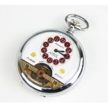 A Hebdomas patent eight day pocket watch, enamel dial with red Arabic numerals,