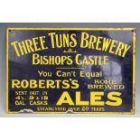 A vintage Three Tuns Brewery Bishops Castle viterous enamel vintage advertising sign,