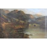 W Richards (Francis Jamieson), Oil on canvas, Highland mountain scene with cottage and bridge,