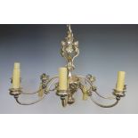 A Louis XV style silver plated seven branch ceiling light, modelled with three caryatid mounts,
