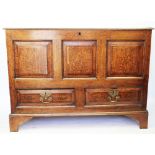 An 18th century oak mule chest, with hinged top above a panelled front and sides and two drawers,