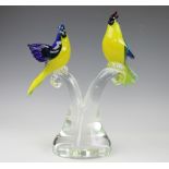 A Murano glass bird group, modelled as two yellow and blue birds, 'Le Couple d'oiseau',