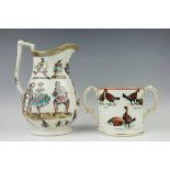A mid 19th century Elsmore and Forster puzzle jug decorated with scenes of Grimaldi the Clown and