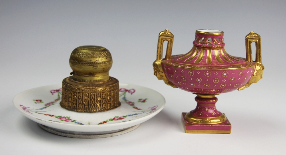 A French porcelain and gilt metal mounted inkwell,
