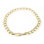 A yellow metal flat link bracelet, with attached lobster clasp stamped '9kt', 8.