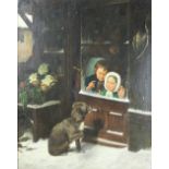 English School (19th century), Oil on canvas, Dog in the snow at door with children, 66cm x 53cm,