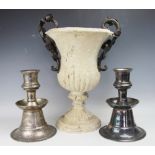 A pair of white metal alter candlesticks 28cm high,