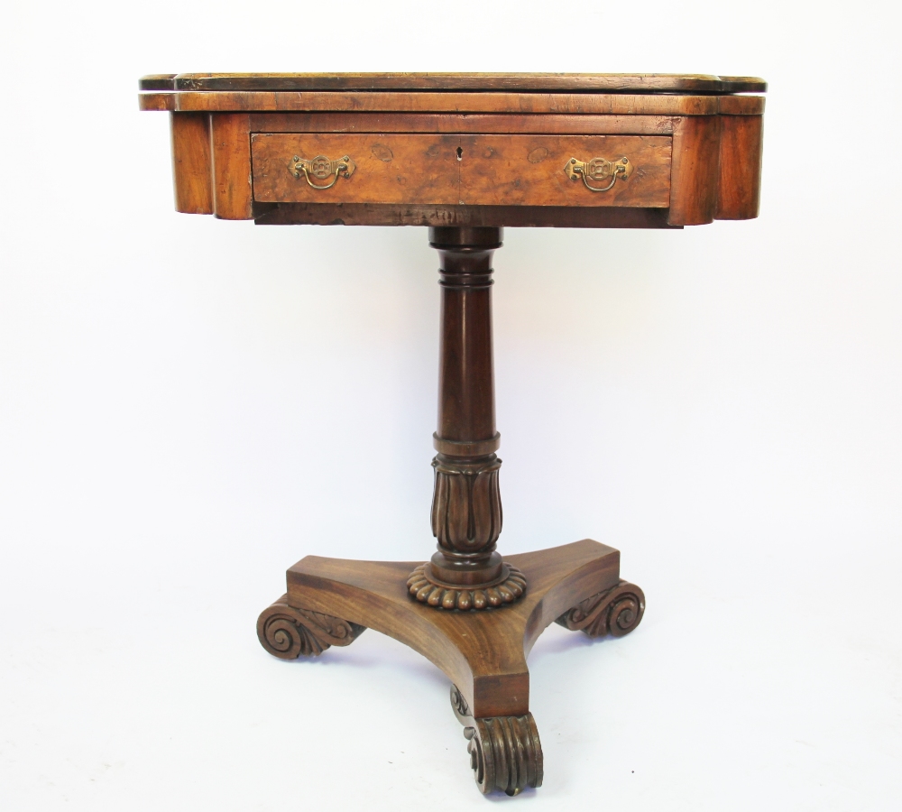 A late Victorian inlaid walnut games / work table, on associated base,