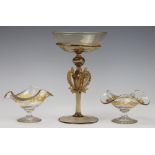 A Venetian gilt glass pedestal cup, the stem with stylized applications of scrolls, 19.
