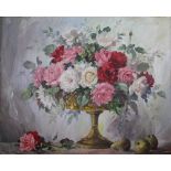 Thomas G Hill, Oil on canvas, Still life of flowers in a gilt bowl with fruit beside,