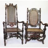 Two 17th century and later Carolean carved oak arm chairs, with caned back and seats,