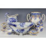 An assortment of 19th century flow blue printed bathroom wares,