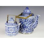 A large 20th century Chinese blue and white teapot and cover, of octagonal form,