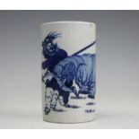 A Chinese blue and white brush pot, bitong, artemisia leaf to underside,
