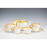 A Shelley Art Deco tea service comprising; teapot and cover, two teacups and saucers,