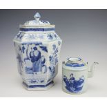A Chinese blue and white hexagonal vase and cover, four character Kangxi mark to base,