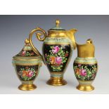 A French porcelain three piece coffee service, comprising; a coffee pot and cover, 26cm high,