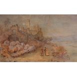A late 19th century panoramic penwork panel 'Rheinstein on the Rhine' depicting a river landscape