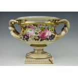 An English porcelain pedestal vase, 19th century, of Warwick vase shape,