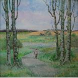 English School (early 20th century), Enamel on copper, Man walking along a rural footpath,