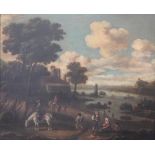 Manner of Richard Wilson (19th century), Oil on board, River landscape with figures and horses,