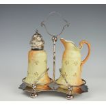 A Locke & Co Worcester two piece condiment set with plated mounts and stand,