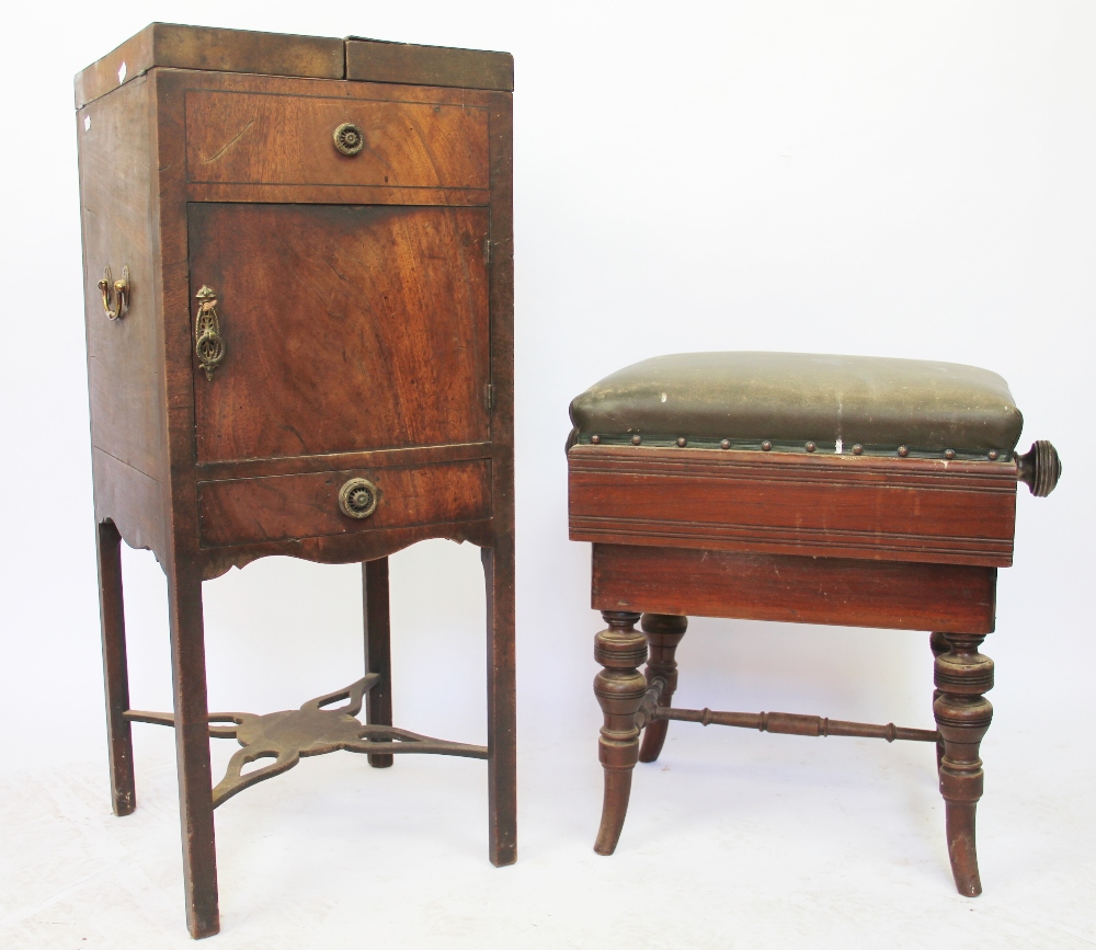 A George III mahogany bedside table cabinet, with hinged top and cupboard door, on square legs,