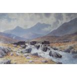 Warren Williams ARCA, Watercolour, Dyffryn Mymbyr and Snowdon with farmer on bridge over falls,