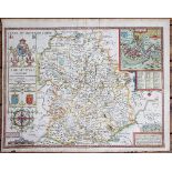 John Speed, 17th century engraving with later hand colouring, Map of Shropshire, 42cm x 53cm,