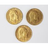 Three Edward VII gold half Sovereigns, 1906, 1908,