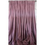 Four purple coarse linen effect country house curtains, each with purple striped lining,