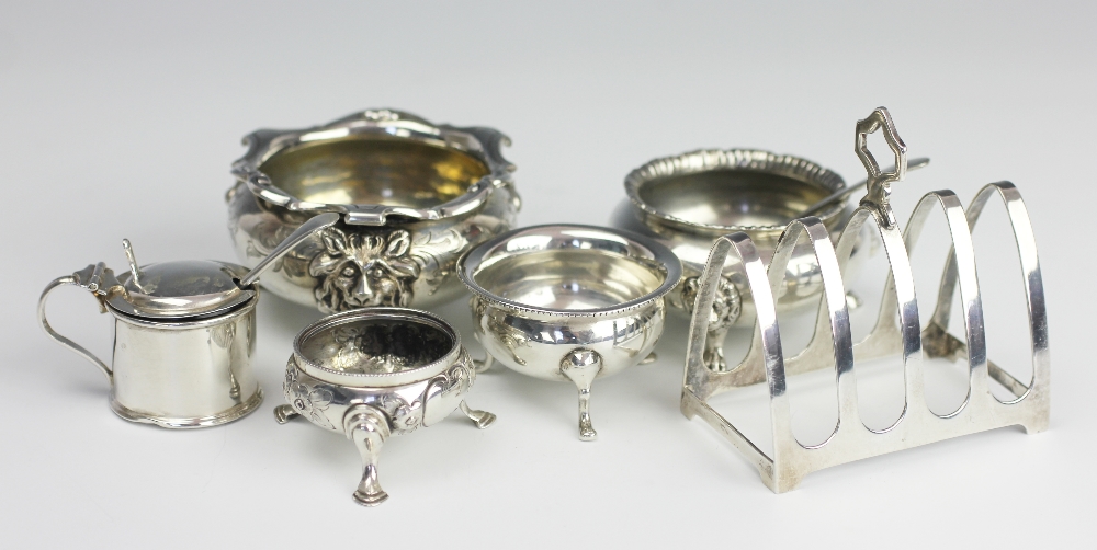 A Victorian silver bun salt, John and George Angell, London 1849, three other silver salts,