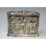 A Victorian silver plated tea caddy or casket, of rounded rectangular form,