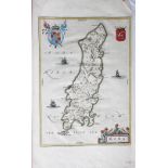 Willem Janszoon Blaeu, 17th century engraving with hand colouring, Mona - Map of the Isle of Man,