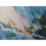 Raymond Poulet (French b1934), Signed print, Sailing boats - Monaco, 53cm x 73cm,