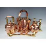 A pair of 19th century small size copper jelly moulds, 5cm H, a copper ewer / watering can,