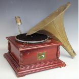 A vintage HMV gramophone with stained oak case and sound horn (at fault)