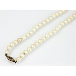 A single strand, uniform cultured pearl necklace, with attached 9ct gold marquise shaped clasp,