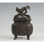 A Chinese bronze Koro and cover, with Dog of Fo finial, lacking handles, 13cm,