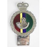 A Kings Shropshire Light Infantry enamel and chrome car badge, KSLI, by J R Gaunt London,