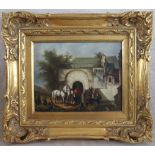 J Williams, Oil on board, Figures and horses beside a manor, 19cm x 24cm, Framed,