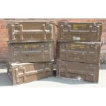 Seven painted metal ammunitions boxes, with loop handles,