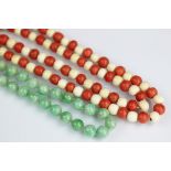 A jade coloured bead necklace, with later bolt ring clasp,