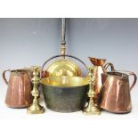 A selection of 19th century land later brass and copper wares, to include a copper 1 gallon measure,