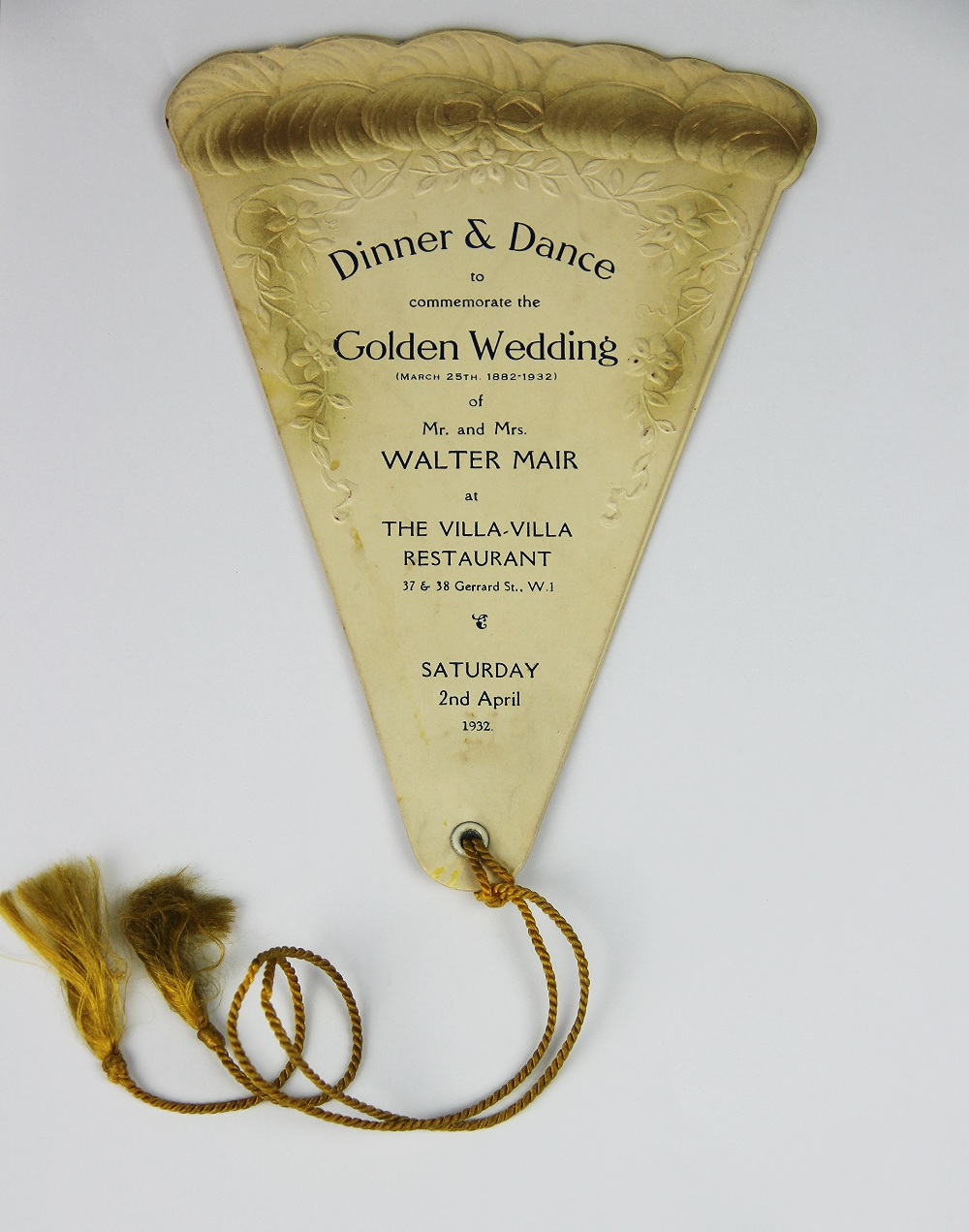 A vintage Wedding dinner and dance invitation modelled as an opening fan,