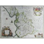 Johannes Bleau, 17th century engraving with later hand colouring, A Map of Lancashire, 40.