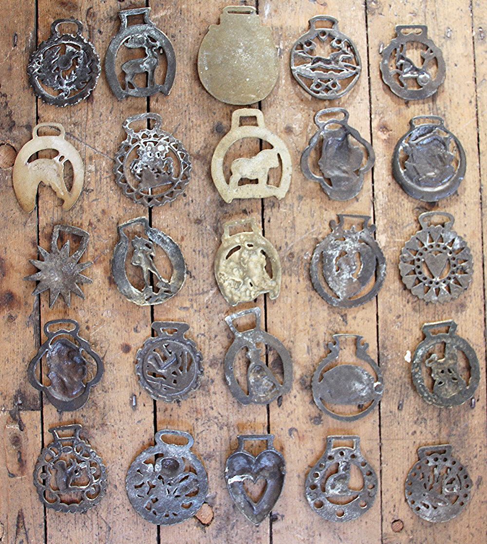 A collection of brass and ceramic and brass horse brasses, some with leather backings, - Image 4 of 4